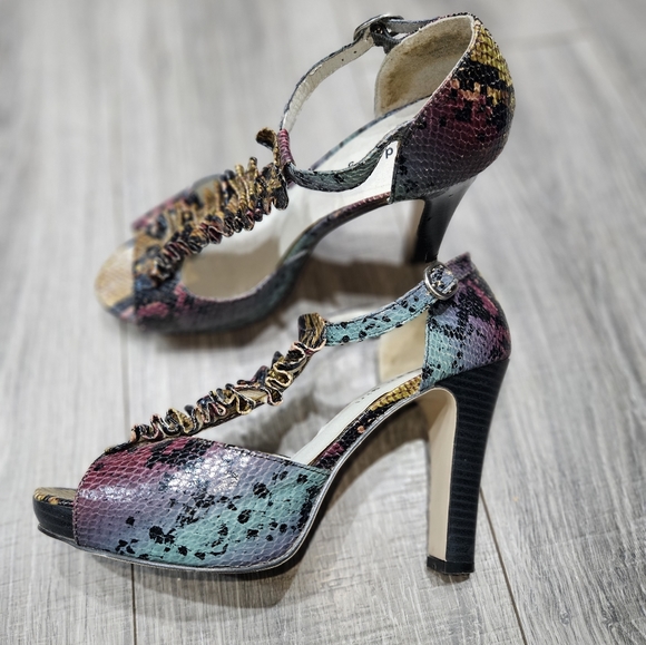 🛍 Madden girl strappy glam heels Setra multicolor faux snake skin size 9 🐕 - Picture 4 of 6